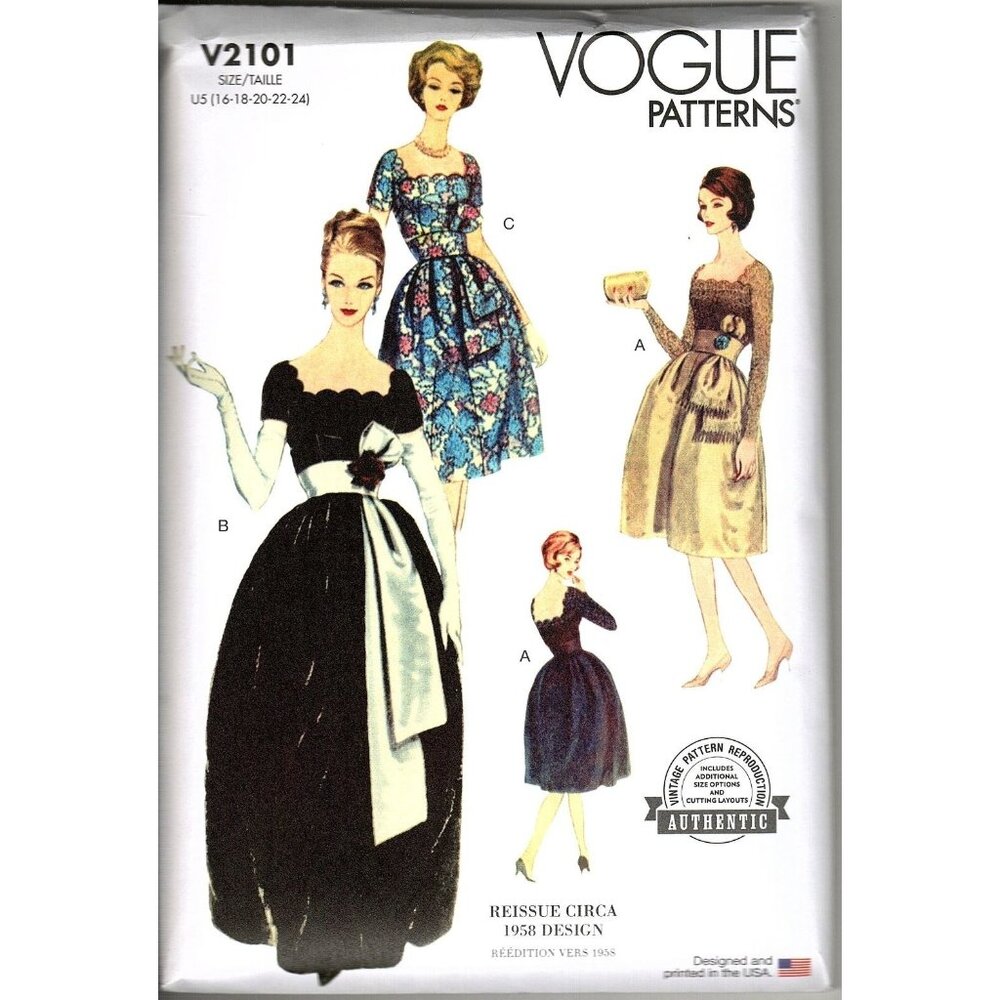 Vogue V2101 Misses 16 to 24 Authentic 1958 Reissue Dress Uncut Sewing Pattern